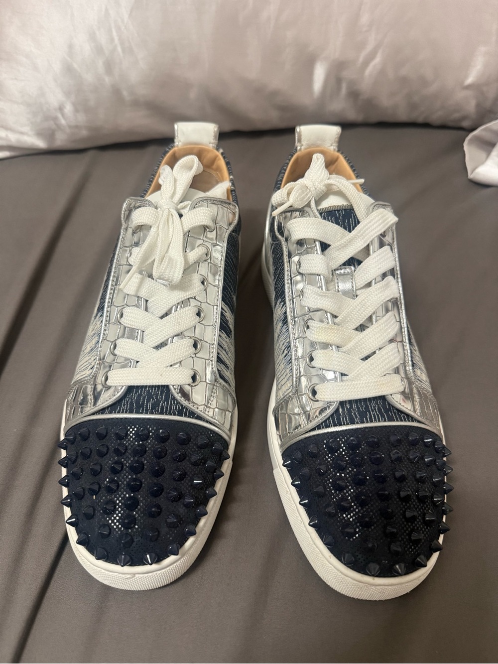 Christian Louboutin Silver & Navy Spike-Toe Low-Top Sneakers